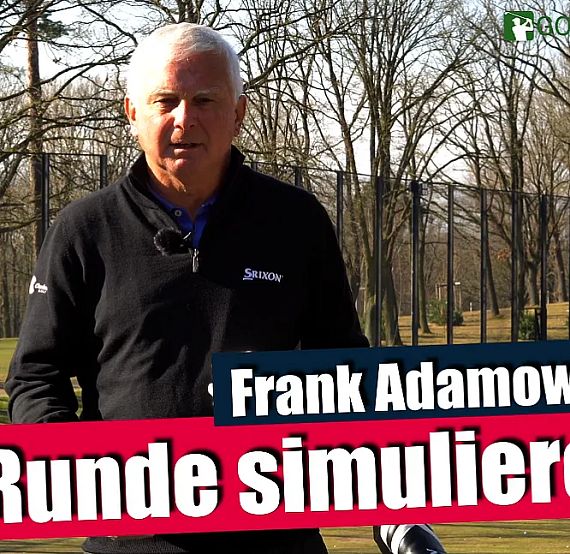 Man in golf attire standing on a golf course, surrounded by trees, with text overlay about simulating a golf round.