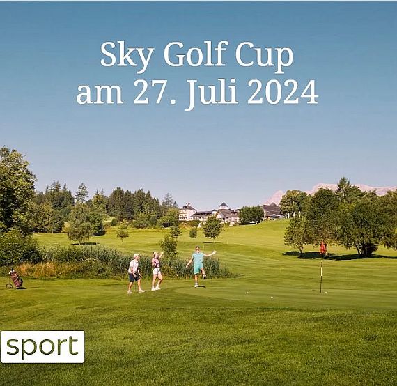 A golf course scene with several players on a sunny day, promoting the Sky Golf Cup on July 27, 2024. Lush greenery and clear skies set a serene backdrop.