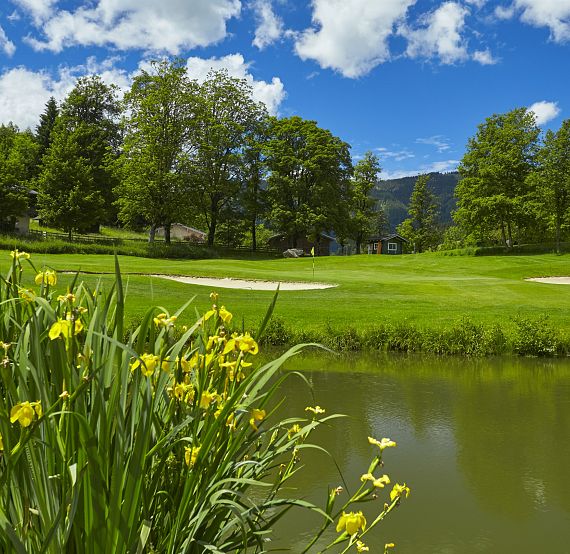 Golf course with bright green grass, a tranquil pond, yellow flowers, and trees under a blue sky with fluffy white clouds.