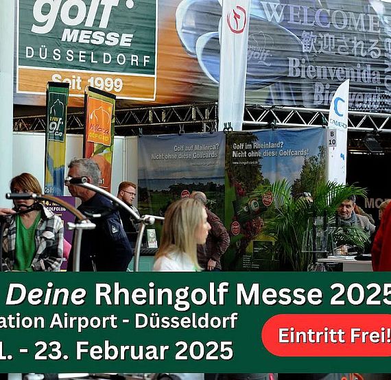 People in a bustling exhibition hall with signs for the Rheingolf Messe 2025 in Düsseldorf, featuring free entry from February 21-23, 2025.